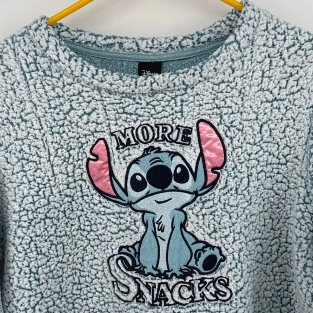 Disney Stitch More Snacks Blue Sherpa Faux Fur Sleepwear Top Size M 8-10 - Picture 3 of 8